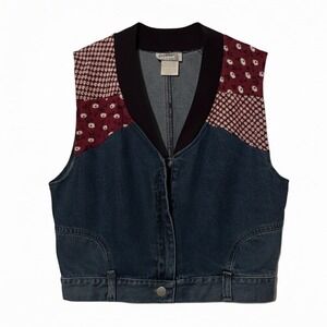 EnChante Womens Small Denim Patchwork Vest Jacket Western Boho Casual Jeans